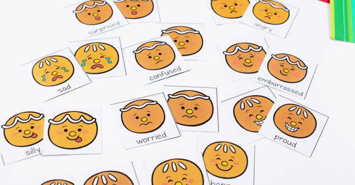 printable gingerbread emotions matching game for preschool