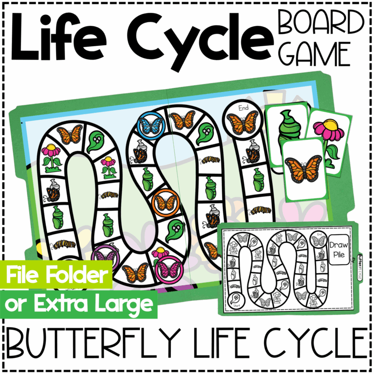 butterfly life cycle board game for preschool and kindergarten featuring three board game styles including single page, file folder, and floor size options with butterfly, chrysalis, caterpillar, and flower cards for hands-on science centers