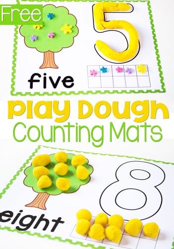 Play dough number mats for numbers 1-10. These adorable number mats are great for fine motor skills! Kids use ten-frames, counting and learn numerals and number words with these simple play dough mats.