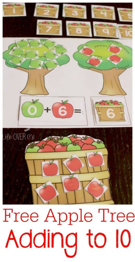 Free Printable Apple Theme Adding to 10 Activity 11 apple tree addition to 10 printable activity for kindergarten and 1st grade math