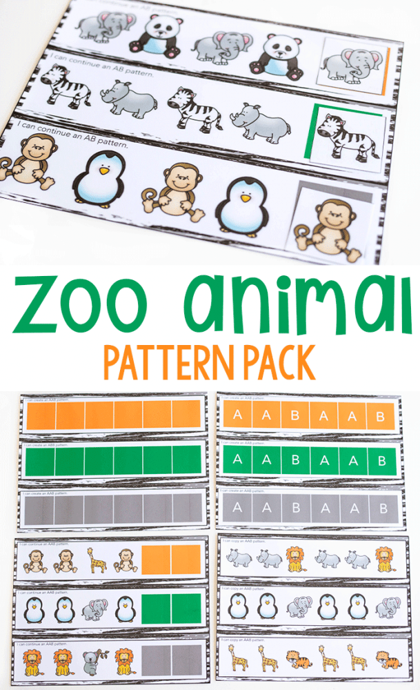 Zoo Animal pattern pack for kindergarten and preschool math centers.