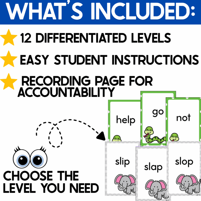 what’s included in the alphabetical order war card game: 12 differentiated skill levels, easy student directions, and a recording page for accountability. sample literacy cards feature words such as help, go, not, slip, slap, and slop with colorful animal pictures, allowing teachers to choose the alphabetical order level that matches student needs.
