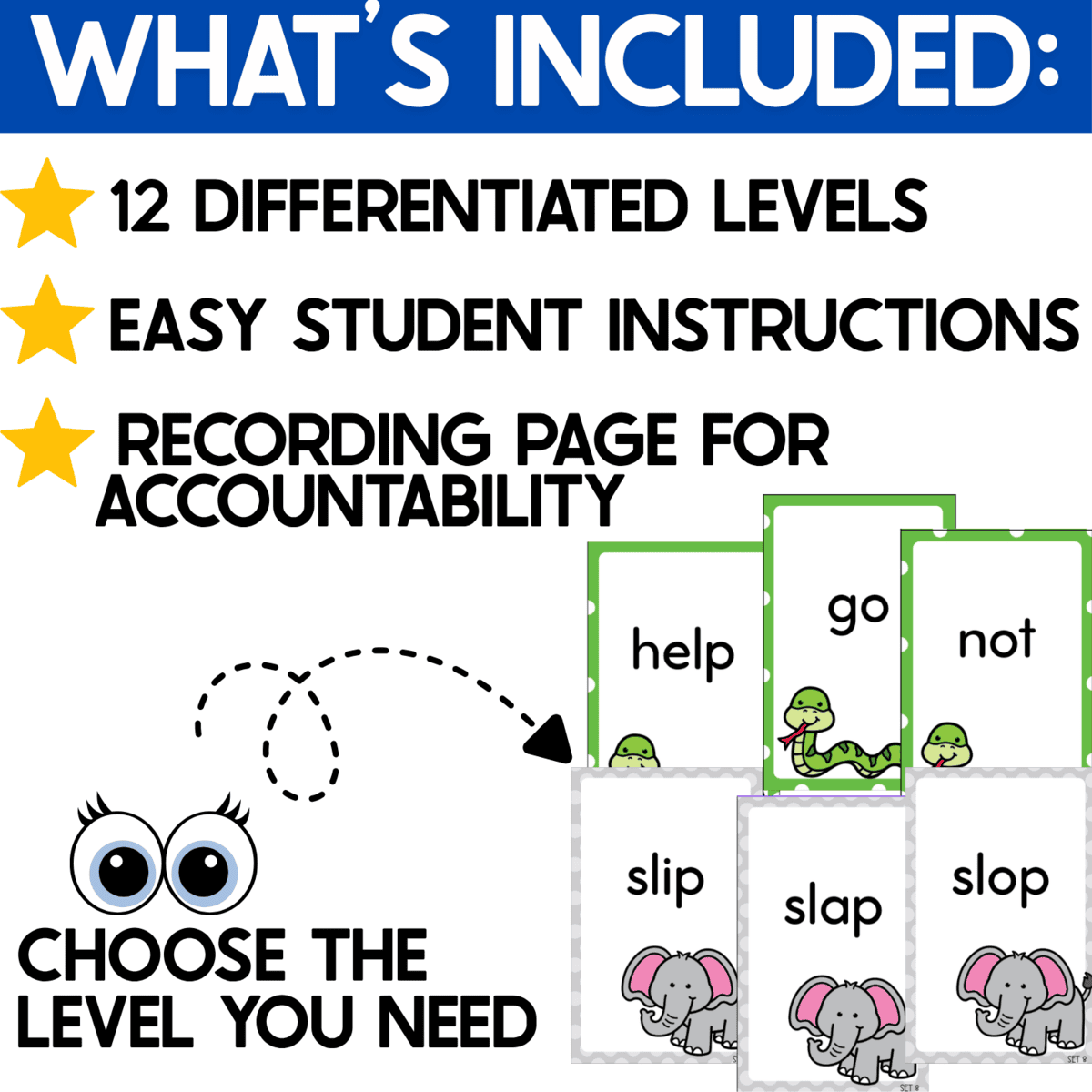 what’s included in the alphabetical order war card game: 12 differentiated skill levels, easy student directions, and a recording page for accountability. sample literacy cards feature words such as help, go, not, slip, slap, and slop with colorful animal pictures, allowing teachers to choose the alphabetical order level that matches student needs.