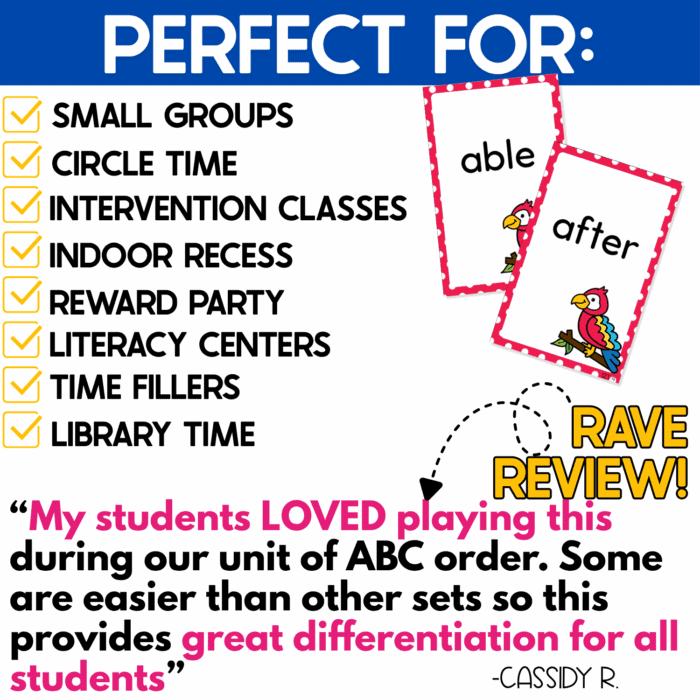 alphabetical order war card game classroom uses include small groups, circle time, intervention classes, indoor recess, reward parties, literacy centers, time fillers, and library time. sample cards with words such as able and after demonstrate the abc order game, alongside a teacher review praising the differentiated levels for teaching alphabetical order.