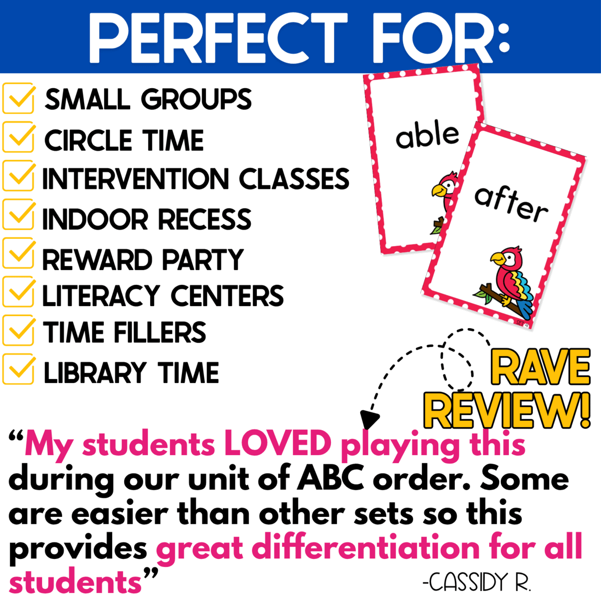 alphabetical order war card game classroom uses include small groups, circle time, intervention classes, indoor recess, reward parties, literacy centers, time fillers, and library time. sample cards with words such as able and after demonstrate the abc order game, alongside a teacher review praising the differentiated levels for teaching alphabetical order.