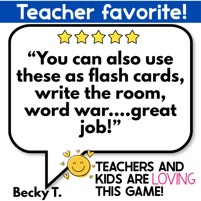 five-star teacher review highlights additional ways to use the alphabetical order war card game, including flash cards, write the room, and word war activities. the review emphasizes that teachers and students enjoy this flexible literacy game for practicing alphabetical order, word recognition, and abc order in multiple classroom settings.