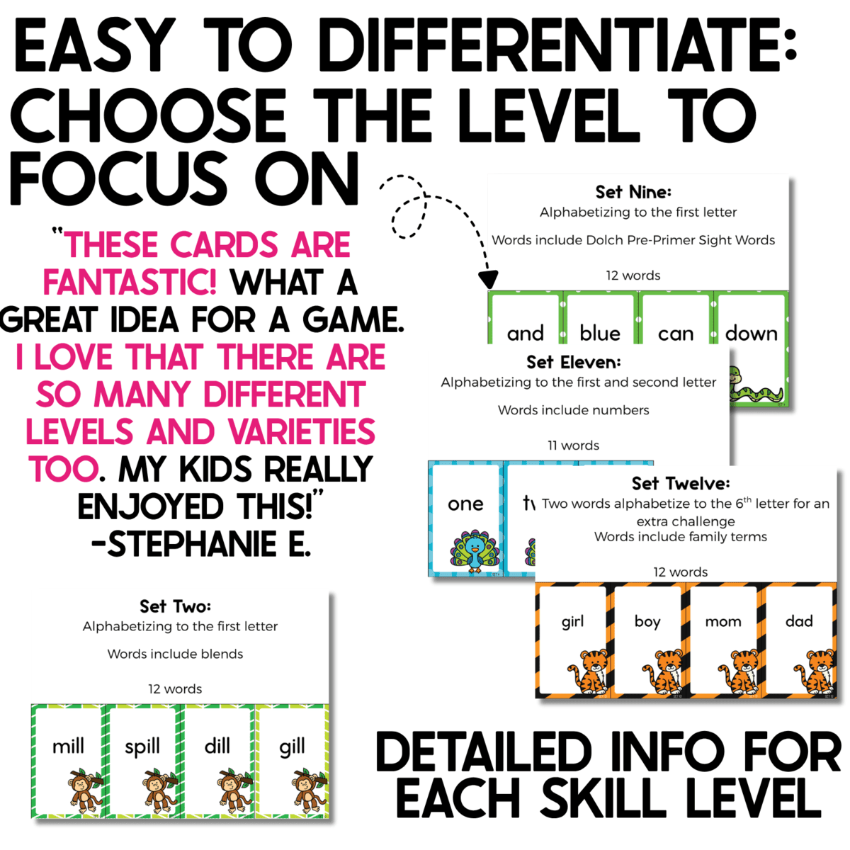differentiated alphabetical order war card game includes multiple skill levels so teachers can target the exact alphabetizing skills students need. examples include alphabetizing blend words by the first letter, dolch pre-primer sight words by the first letter, number words by the first and second letters, and challenging family words that require comparing letters farther into each word.