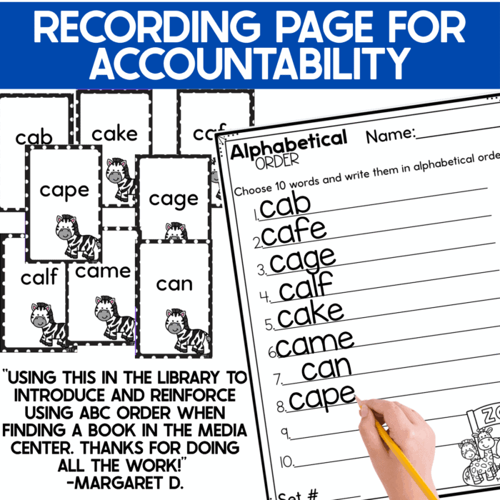 alphabetical order war card game recording page provides accountability as students choose 10 game words and write them in alphabetical order. sample zebra cards include words such as cab, cafe, cage, calf, cake, came, can, and cape, while the printable worksheet reinforces abc order, handwriting, word recognition, and independent literacy practice.