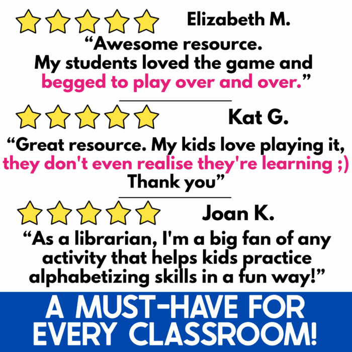 three five-star teacher reviews praise the alphabetical order war card game for student engagement, repeated play, and fun alphabetizing practice. teachers and librarians describe students enjoying the game while practicing alphabetical order and recommend the interactive literacy activity for classroom and library learning.