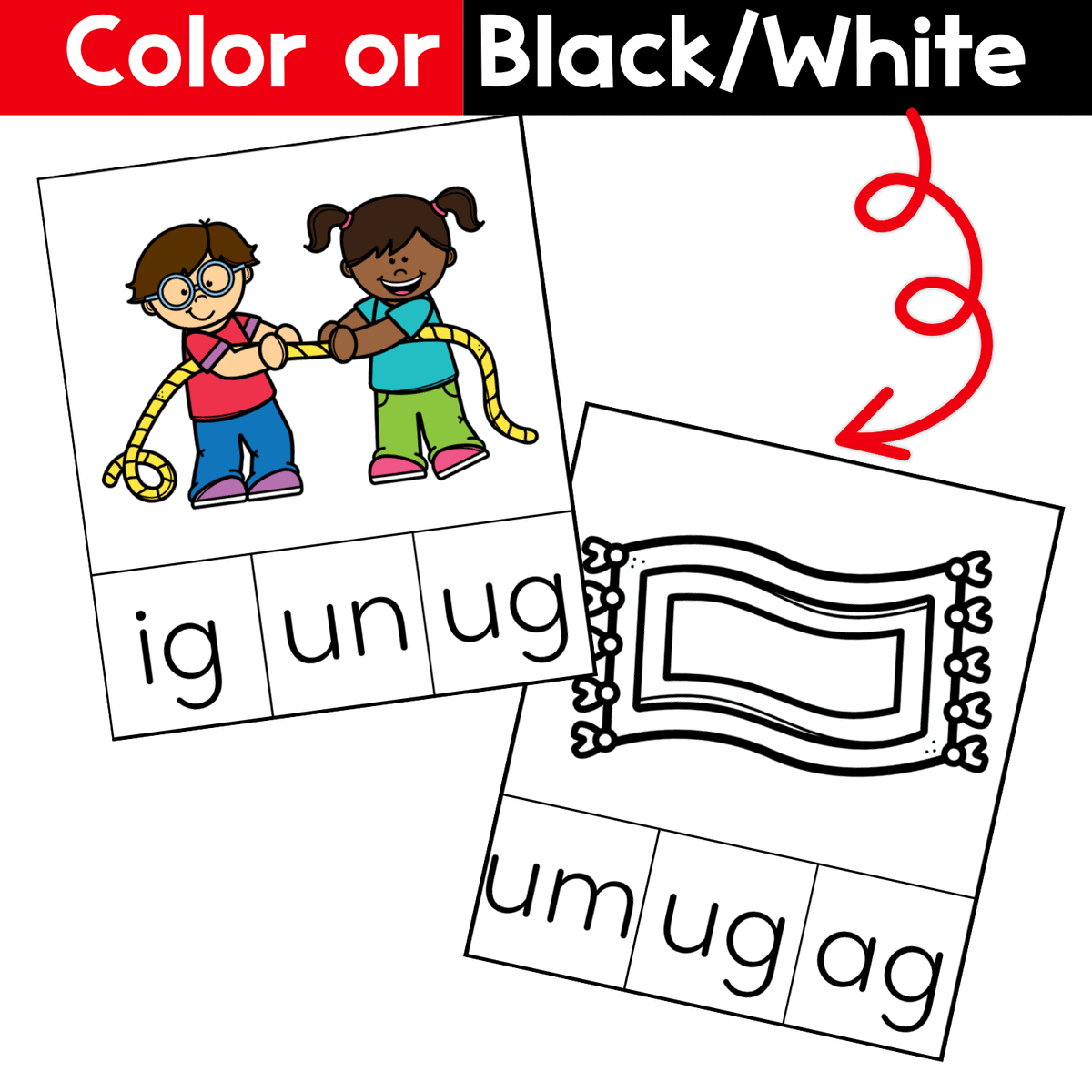 color and black/white cvc word family clip cards