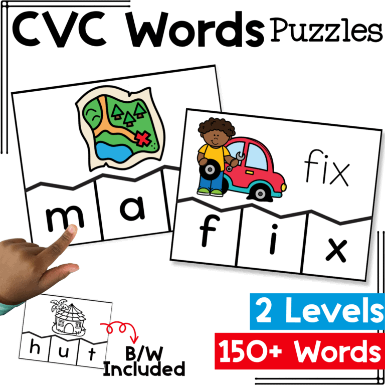 black and white low-ink cvc word puzzles for short vowel practice featuring sip, tip, zip, dog, fog, hog, and jog. printable phonics word-building activity for literacy centers, small groups, and hands-on decoding practice.