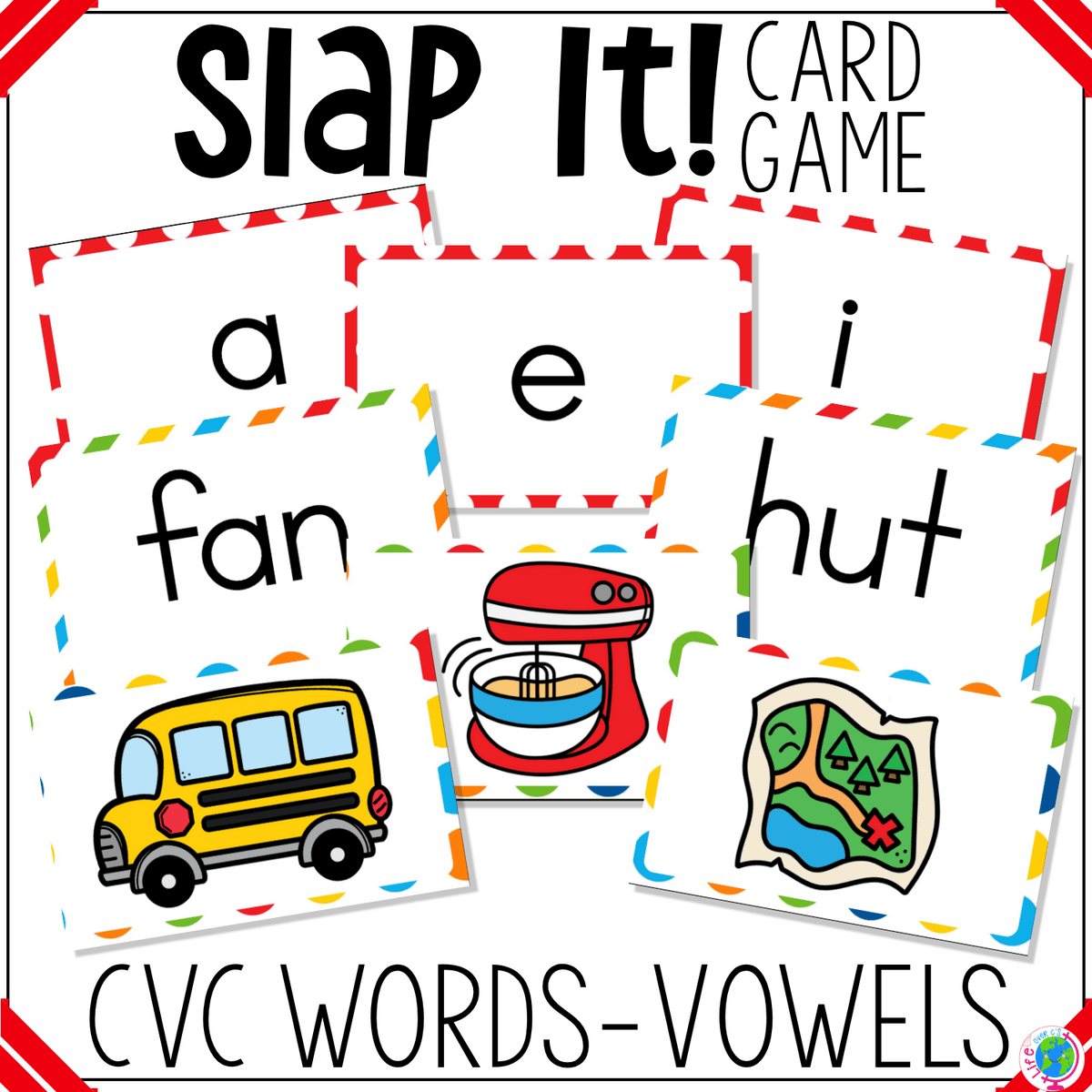 cvc words medial short vowel slap it card game cover featuring short vowel letters a, e, and i with picture cards like fan, hut, bus, and map. hands-on phonics card game for practicing cvc words, medial short vowel sounds, and early reading skills in kindergarten and first grade.