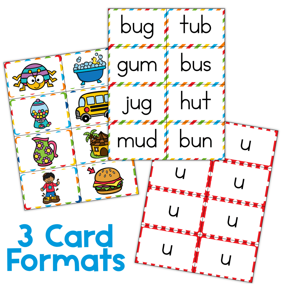 three card formats for cvc words slap it game including picture cards, word cards, and vowel letter cards. phonics literacy center activity designed to reinforce medial short vowel sounds and cvc word reading fluency.