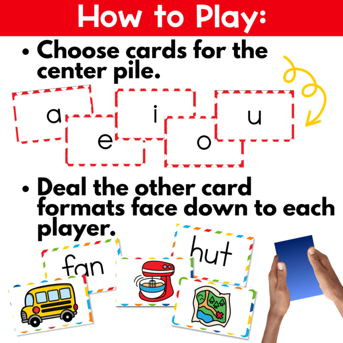 how to play instructions for cvc words slap it card game showing vowel center cards a, e, i, o, and u and picture cards dealt to players. step-by-step phonics game directions for literacy centers and small group reading practice.