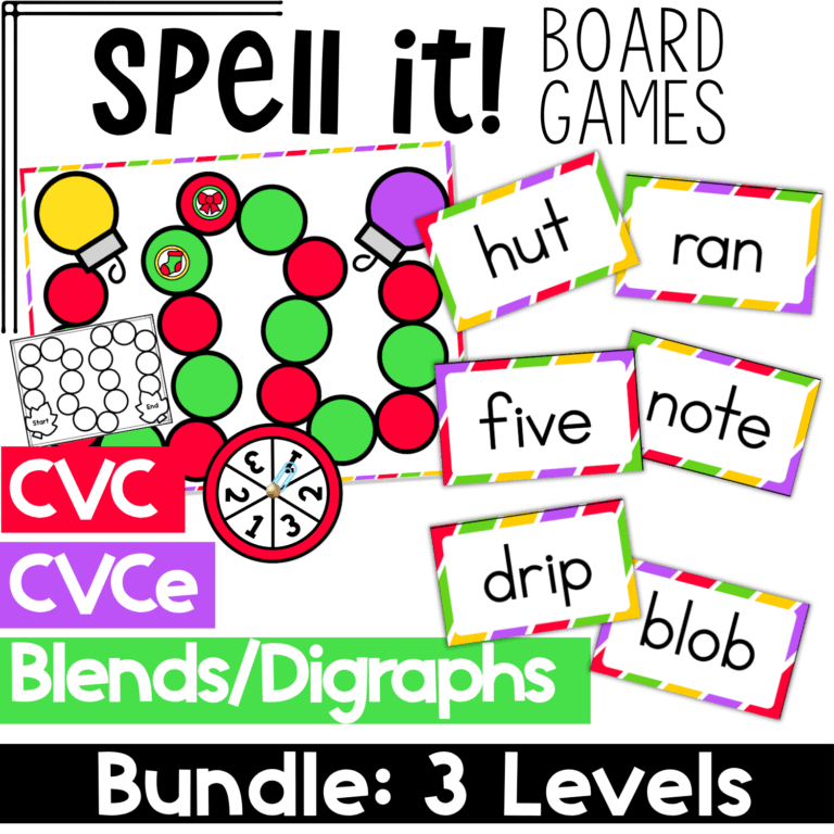 spell it board games christmas-themed phonics bundle with festive red and green board game path, spinner, and cvc, cvce, blends, and digraph word cards including hut, ran, five, note, drip, and blob for engaging seasonal spelling activities in kindergarten and first grade literacy centers, bundle includes 3 skill levels.