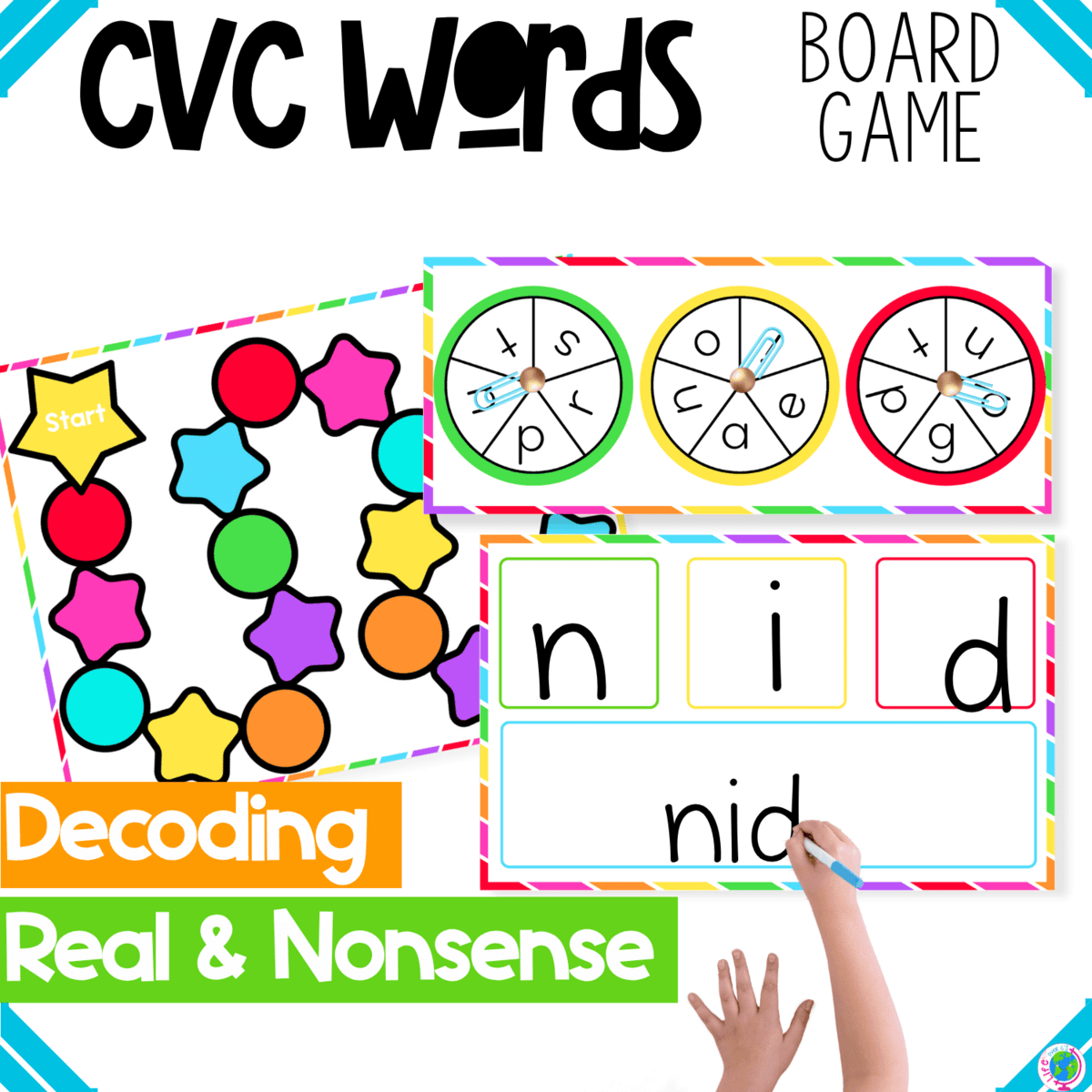 cvc words board game for decoding cvc words with real and nonsense words, featuring colorful spinner wheels, game board path, and student writing mat for building words and practicing phonics in literacy centers.