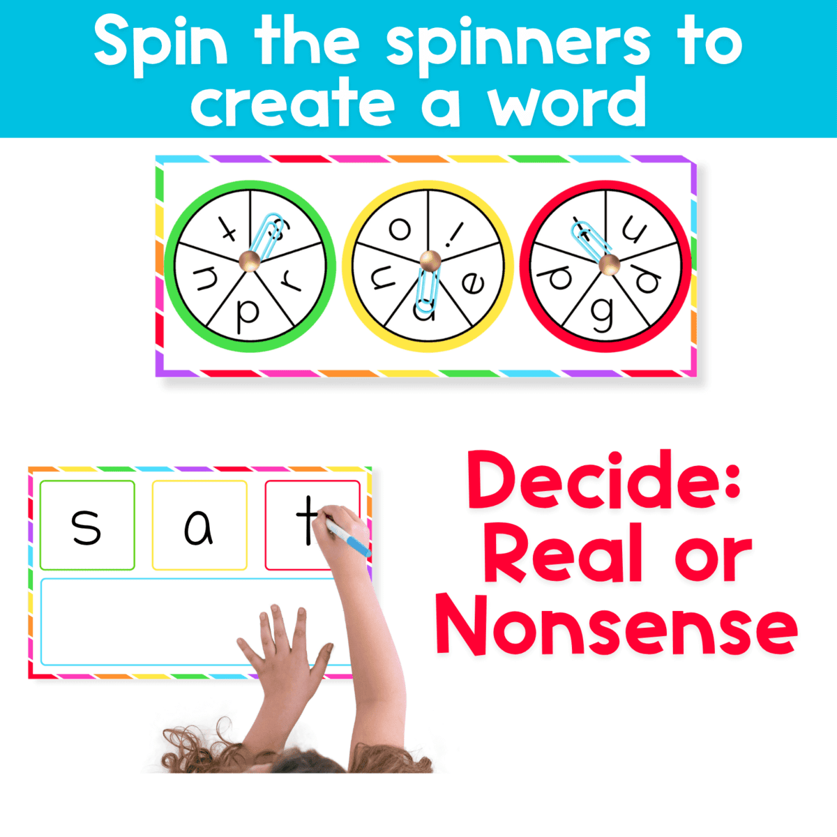 cvc words spinner activity where students spin consonant and vowel spinners to build cvc words, write the word, and decide if it is real or nonsense during hands-on kindergarten phonics and decoding practice.