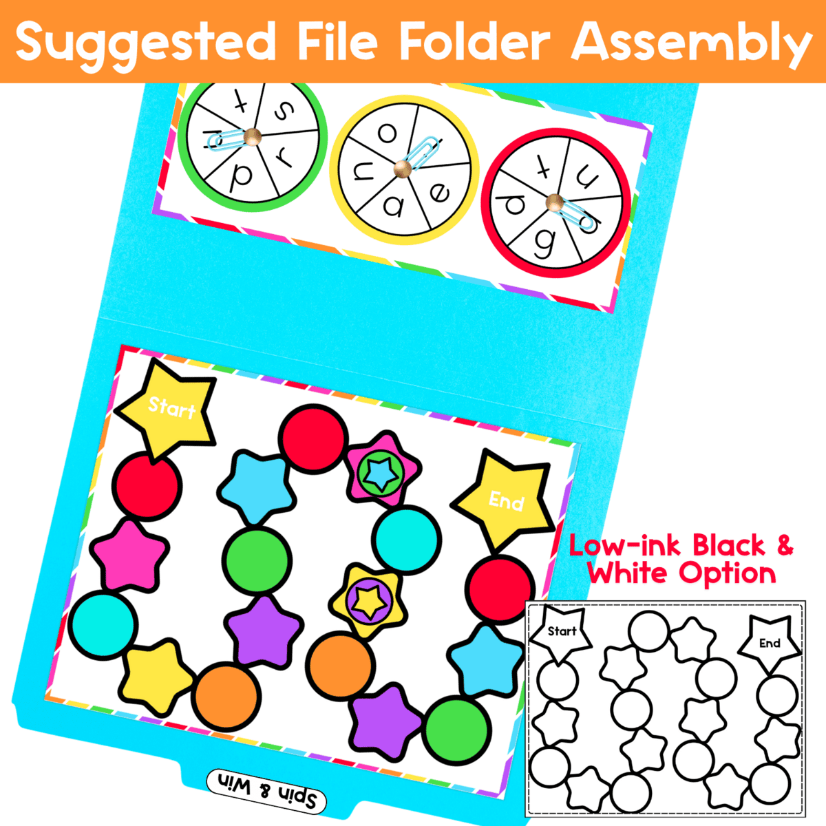 spin and win cvc words board game setup with three letter spinners, colorful game board path, and low-ink black and white option for decoding cvc words and practicing real and nonsense words in small group phonics instruction.