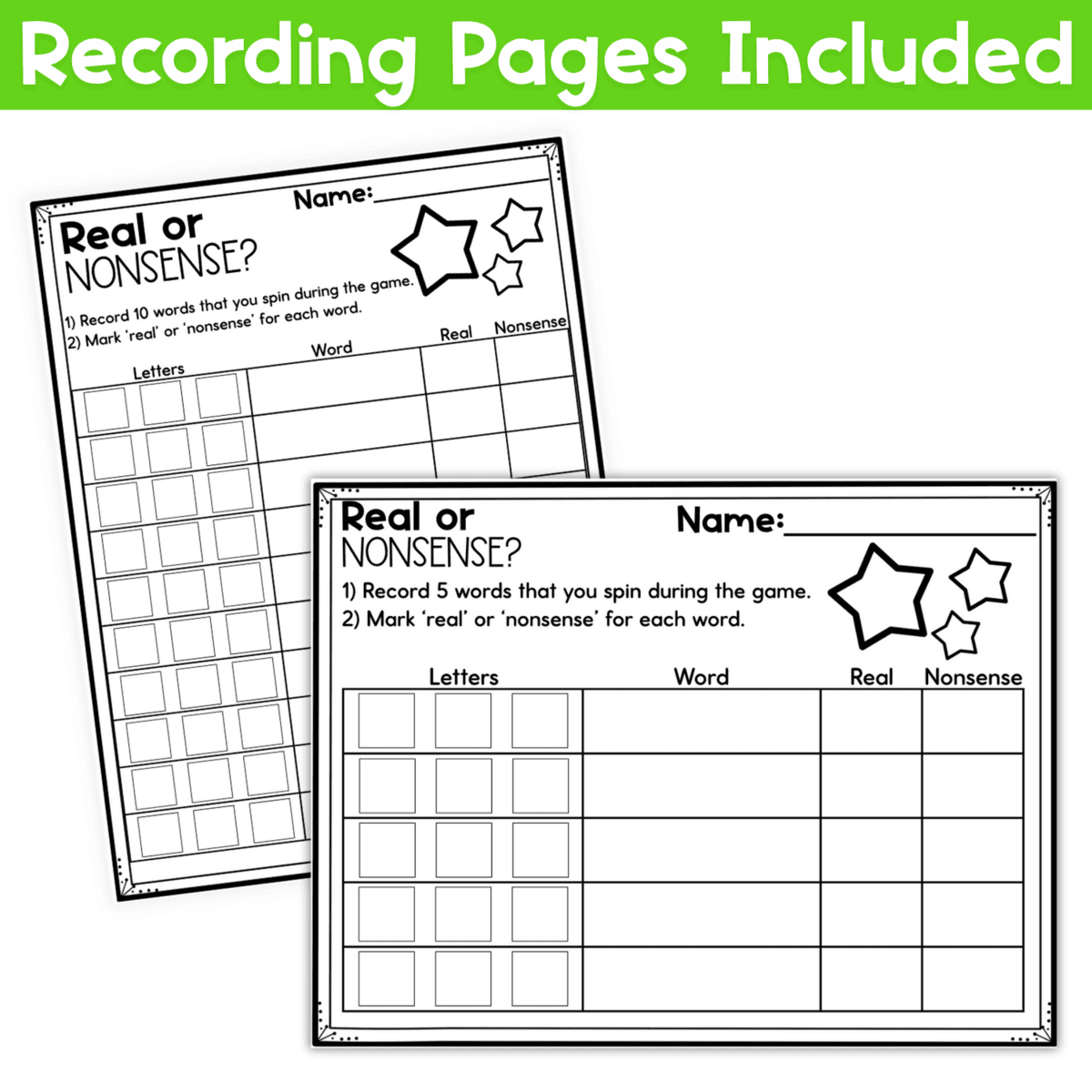Recording pages for CVC Words real and nonsense board game with student worksheet for writing CVC words, marking real or nonsense words, and recording letter combinations during decoding practice in kindergarten phonics centers.