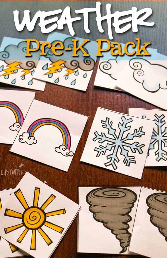 Free Printable Weather Pre-K Pack 15 learning about weather is lots of fun with this free printable weather pre-k pack. the five activities are easy to put together too!