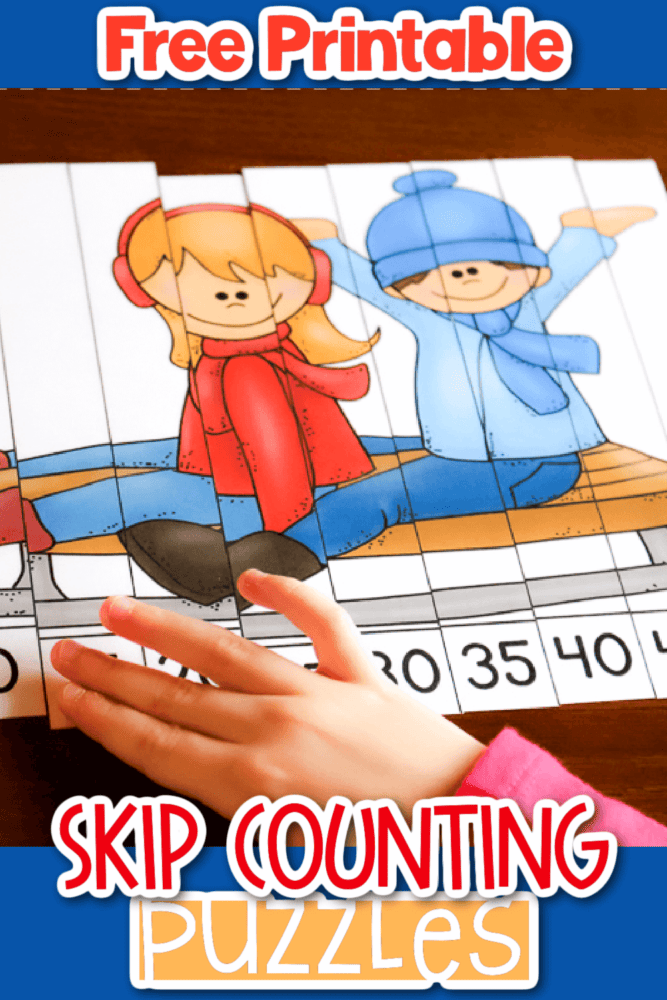a child has finished putting together a skip counting by 5 puzzle showing a picture of two kids on a sled.