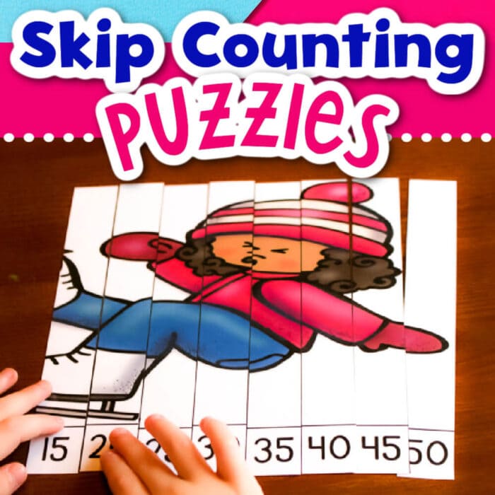 square image with photo of a child's hands putting together a line up skip counting puzzle with the picture of a girl in winter hat, gloves and ice skates with skip counting numbers by 5s. text overlay says 'skip counting puzzles'