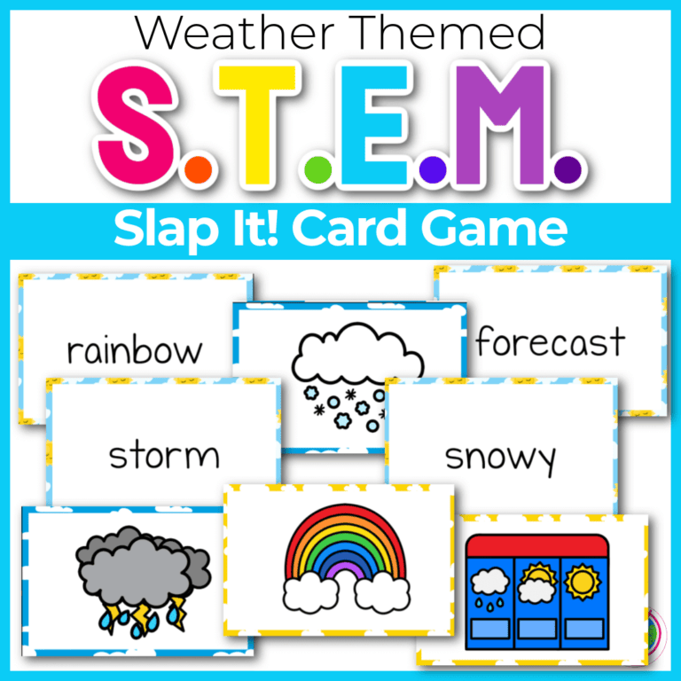 square image with screen shots of eight weather themed playing cards text say [weather themed stem slap it card game]