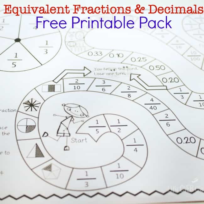 equivalent fractions decimals free printable pack