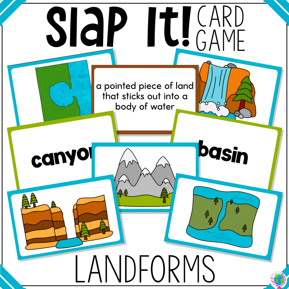 landforms slap it card game cover featuring illustrated landform vocabulary cards including canyon, basin, mountains, waterfall, and cape. interactive geography card game for kids designed for science centers, small groups, and partner review of landform vocabulary and earth science concepts.