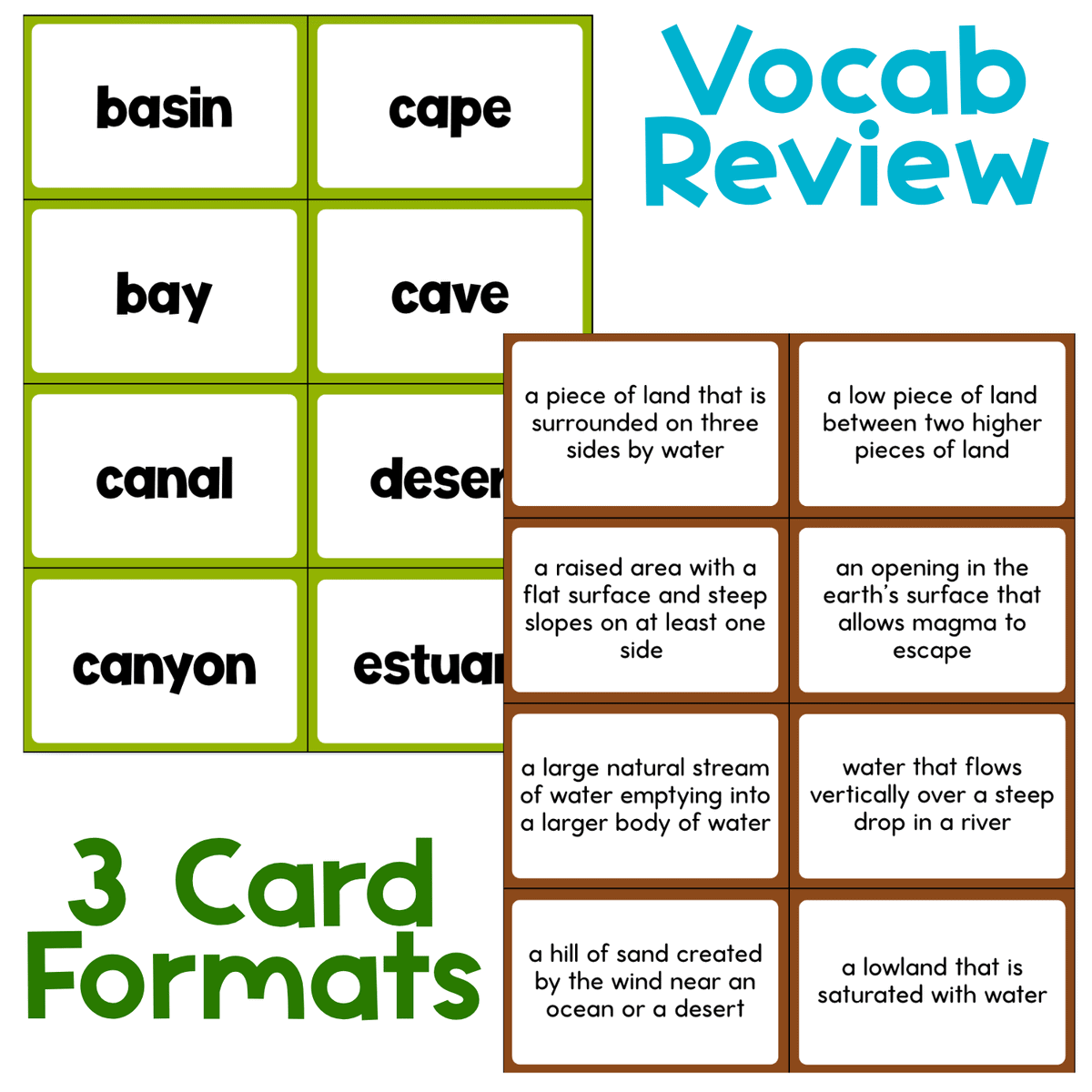landform vocabulary review cards showing three card formats including word cards, definition cards, and illustrated landform picture cards. science vocabulary game for teaching landforms such as basin, cape, canyon, estuary, canal, and desert in elementary classrooms.