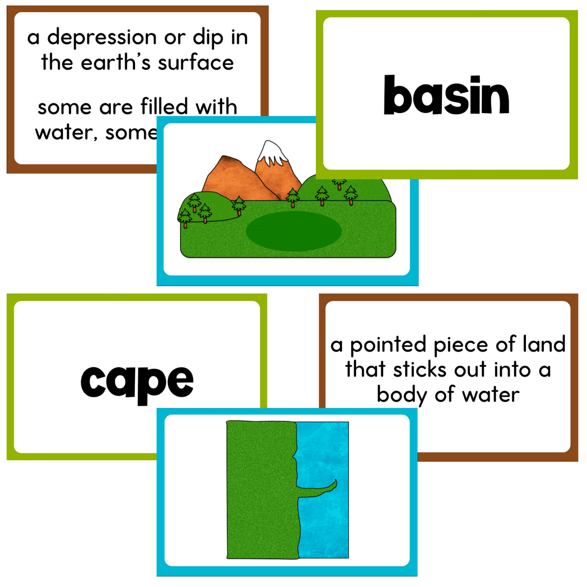 close-up of landform slap it card game featuring basin and cape vocabulary cards with matching definitions and illustrated geography images. engaging earth science card game for reinforcing landform definitions, visual recognition, and academic vocabulary skills.
