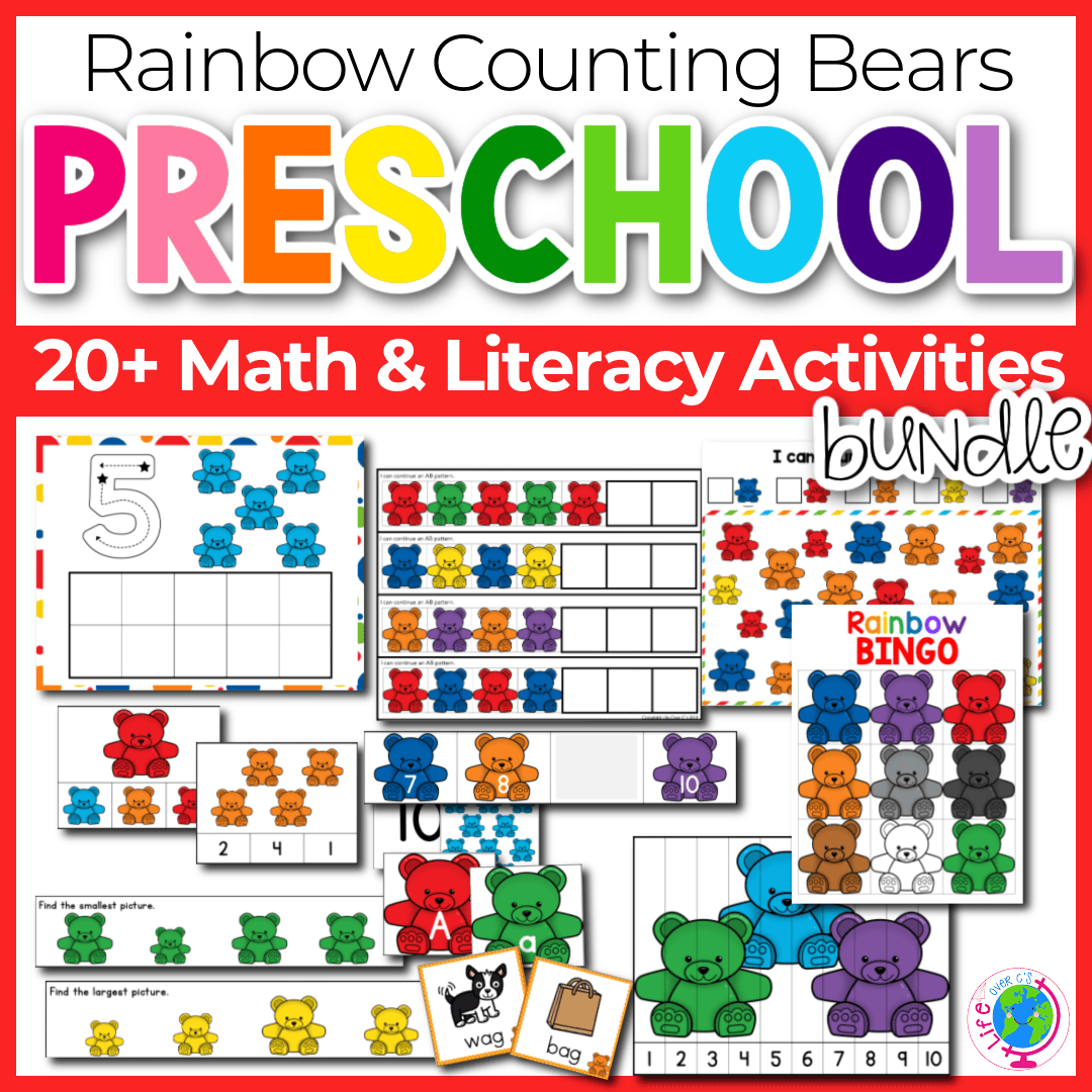 collage of rainbow bear themed preschool math and literacy activities with text that says [rainbow counting bears preschool 20+ math & literacy activities bundle]