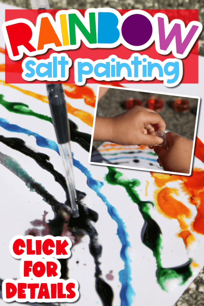 Bright Rainbow Salt Painting for Preschoolers 6 child holding a clear pipette water dropper to create a rainbow salt painting