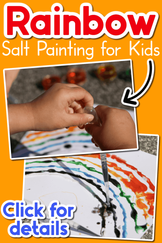 collage of two photos: photo one preschooler squeezing a clear pipette, photo two pipette dripping purple paint onto rainbow salt painting