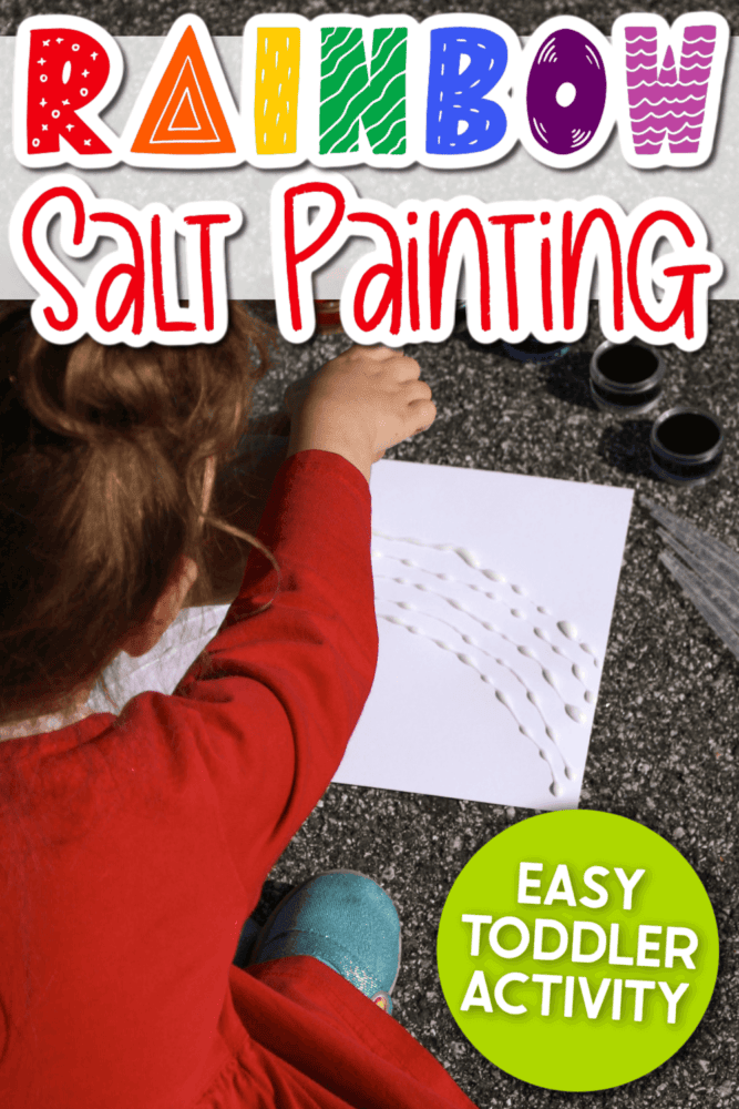 vertical image of preschool creating a rainbow salt painting text overlay says [rainbow salt painting easy toddler activity]