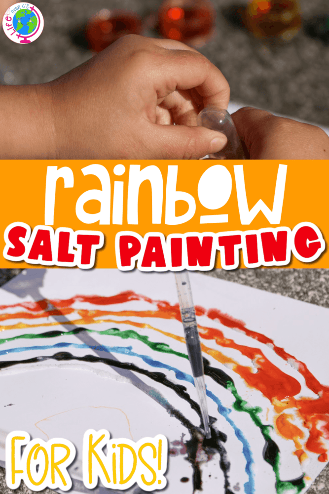 two photos of a rainbow salt painting for kids top photo shows toddler holding clear pipette bottom photo shows completed rainbow salt painting