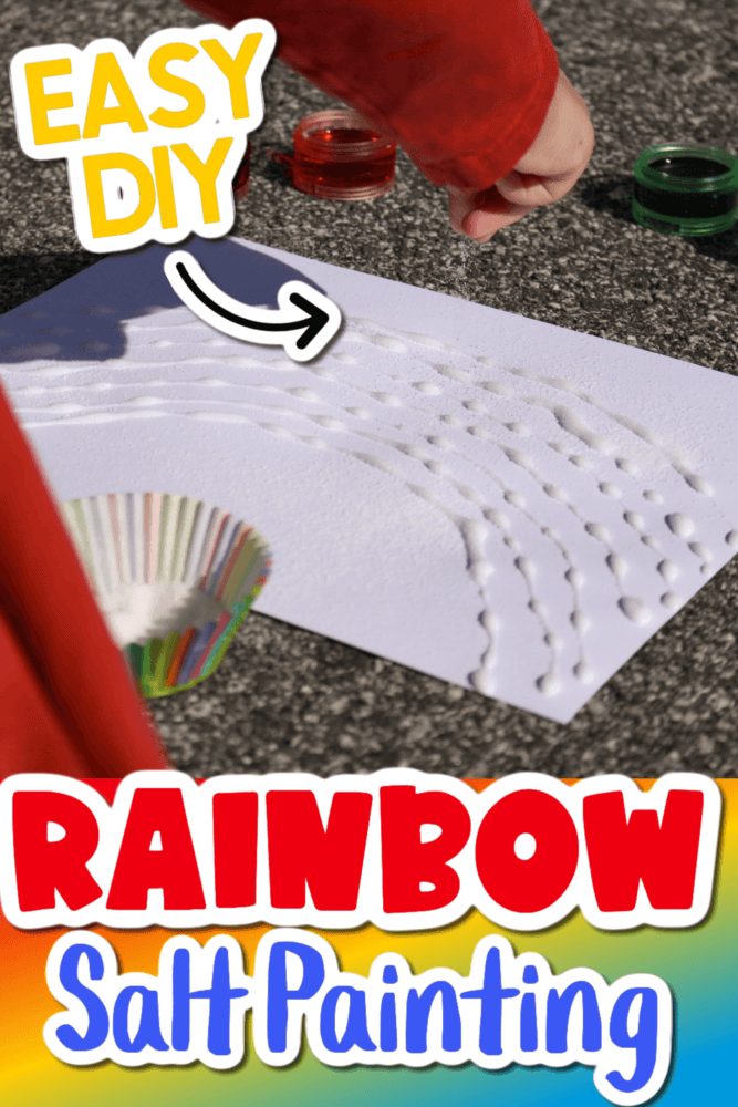 vertical photo of rainbow salt painting activity with preschooler dropping salt onto the lines of glue