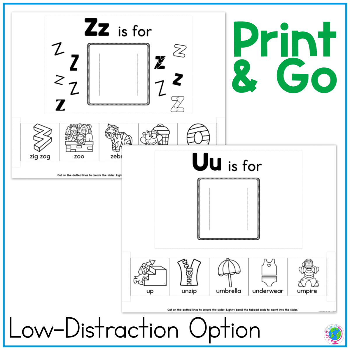 printable alphabet beginning sound sliders show low-distraction black-and-white letter activities for zz and uu with picture choices for children to slide, identify, and match by beginning sound. this print-and-go phonics activity supports alphabet recognition, beginning sounds, vocabulary, visual discrimination, and early literacy practice.