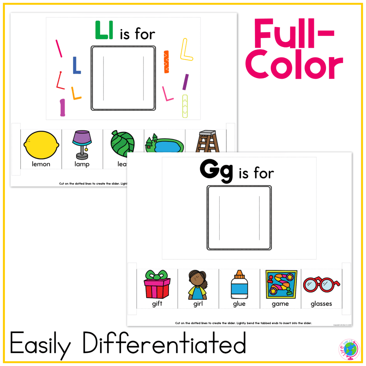 full-color alphabet beginning sound sliders feature ll and gg letter pages with colorful picture choices for children to identify and match to each beginning sound. the differentiated phonics activity builds letter recognition, beginning sound identification, vocabulary, and hands-on kindergarten literacy skills.