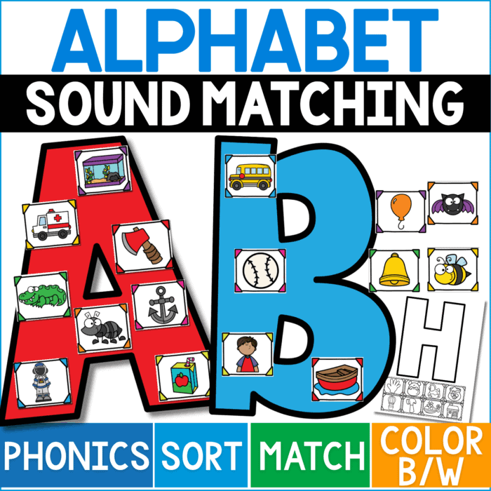 alphabet sound matching activity cover features large red a and blue b letters filled with colorful beginning sound picture cards. this a-z phonics resource invites children to sort and match pictures by initial sound while practicing alphabet recognition, vocabulary, visual discrimination, and early reading skills in color or black and white.