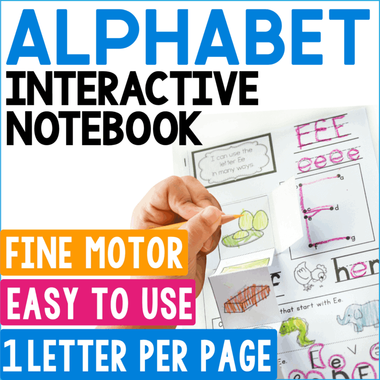 alphabet interactive notebook cover shows hands-on printable alphabet pages designed for one letter at a time, with tracing, picture activities, cutting, and interactive pieces. the fine motor alphabet activity combines letter recognition, beginning sounds, handwriting, phonics, and early literacy practice for preschool and kindergarten.