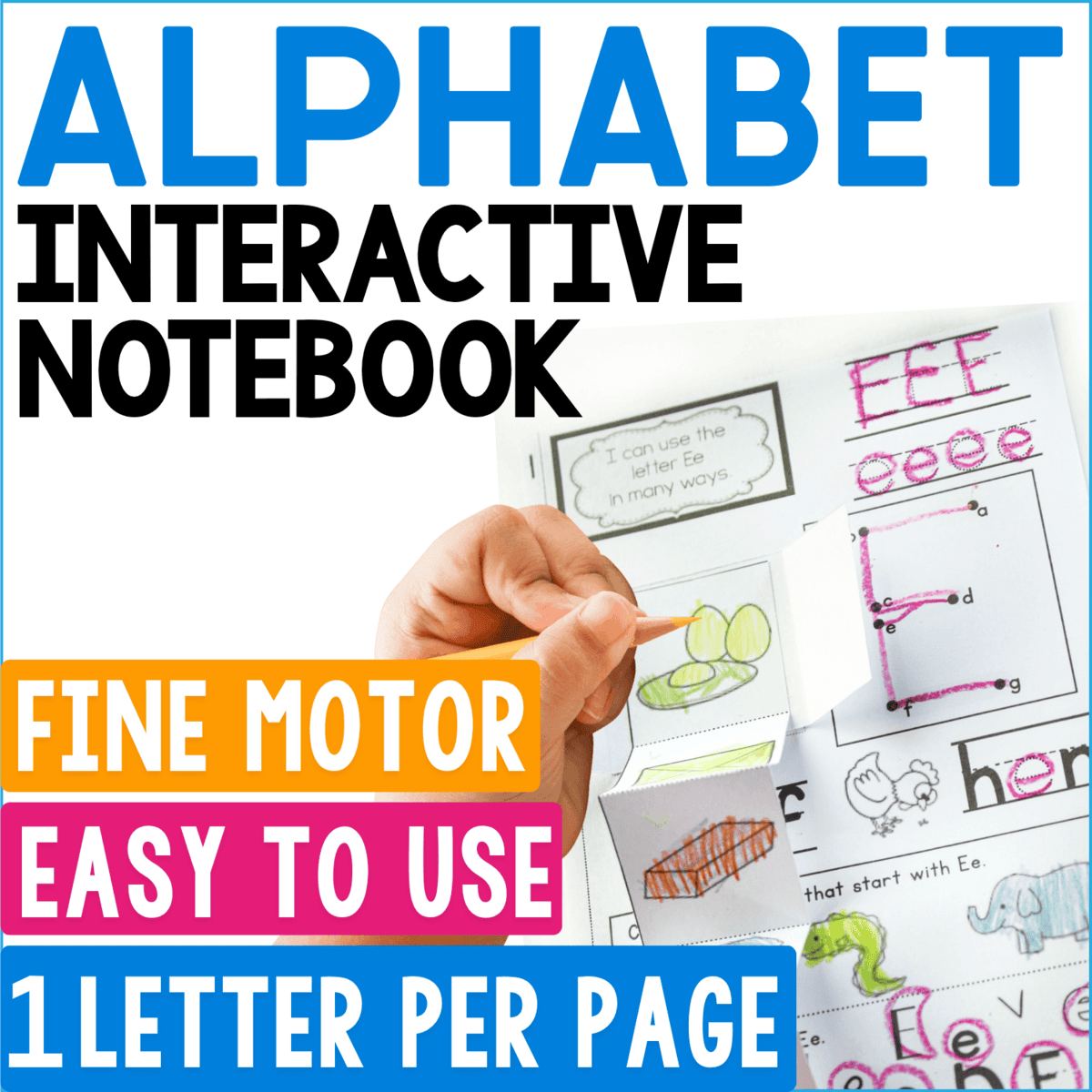 alphabet interactive notebook cover shows hands-on printable alphabet pages designed for one letter at a time, with tracing, picture activities, cutting, and interactive pieces. the fine motor alphabet activity combines letter recognition, beginning sounds, handwriting, phonics, and early literacy practice for preschool and kindergarten.