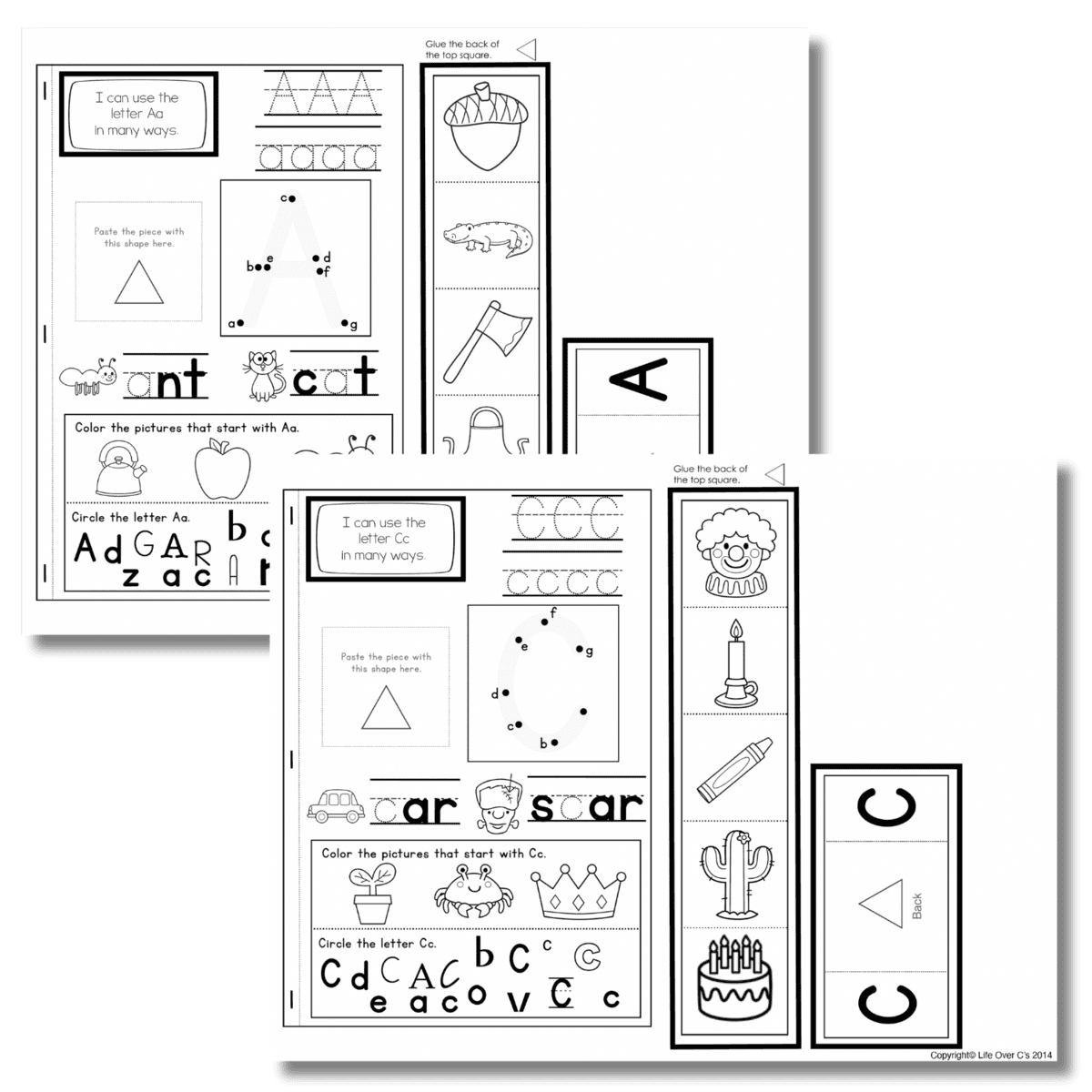 printable alphabet interactive notebook preview shows sample a and c pages with uppercase and lowercase handwriting practice, letter-path activities, beginning sound picture coloring, missing-letter words, letter searches, and foldable picture strips. the interactive alphabet activities combine phonics, letter recognition, vocabulary, handwriting, and fine motor practice.