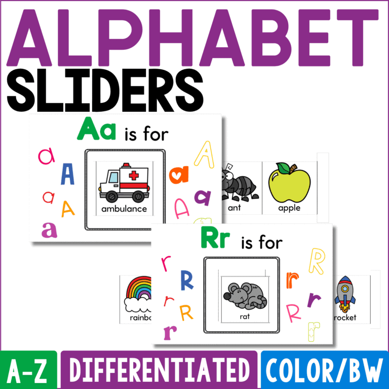 alphabet sliders activity cover features colorful aa and rr beginning sound pages with an ambulance, apple, rainbow, rat, and other picture choices. the a-z differentiated phonics resource lets children slide, identify, and match pictures while practicing beginning sounds, letter recognition, vocabulary, and visual discrimination in color or black and white.