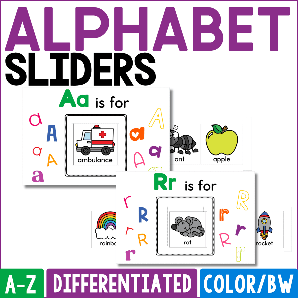 alphabet sliders activity cover features colorful aa and rr beginning sound pages with an ambulance, apple, rainbow, rat, and other picture choices. the a-z differentiated phonics resource lets children slide, identify, and match pictures while practicing beginning sounds, letter recognition, vocabulary, and visual discrimination in color or black and white.