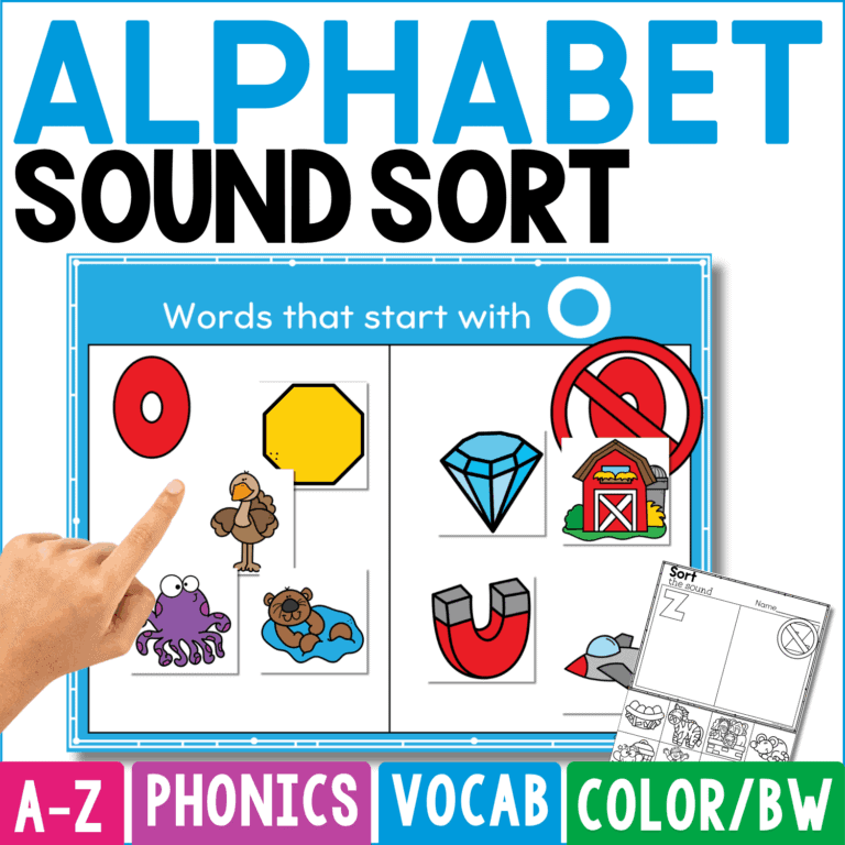 alphabet sound sort activity cover shows a colorful letter o sorting mat with picture cards for children to decide which words begin with the target sound. this a-z phonics and vocabulary activity builds beginning sound recognition, alphabet knowledge, picture naming, sorting, and early literacy skills in color or black and white.