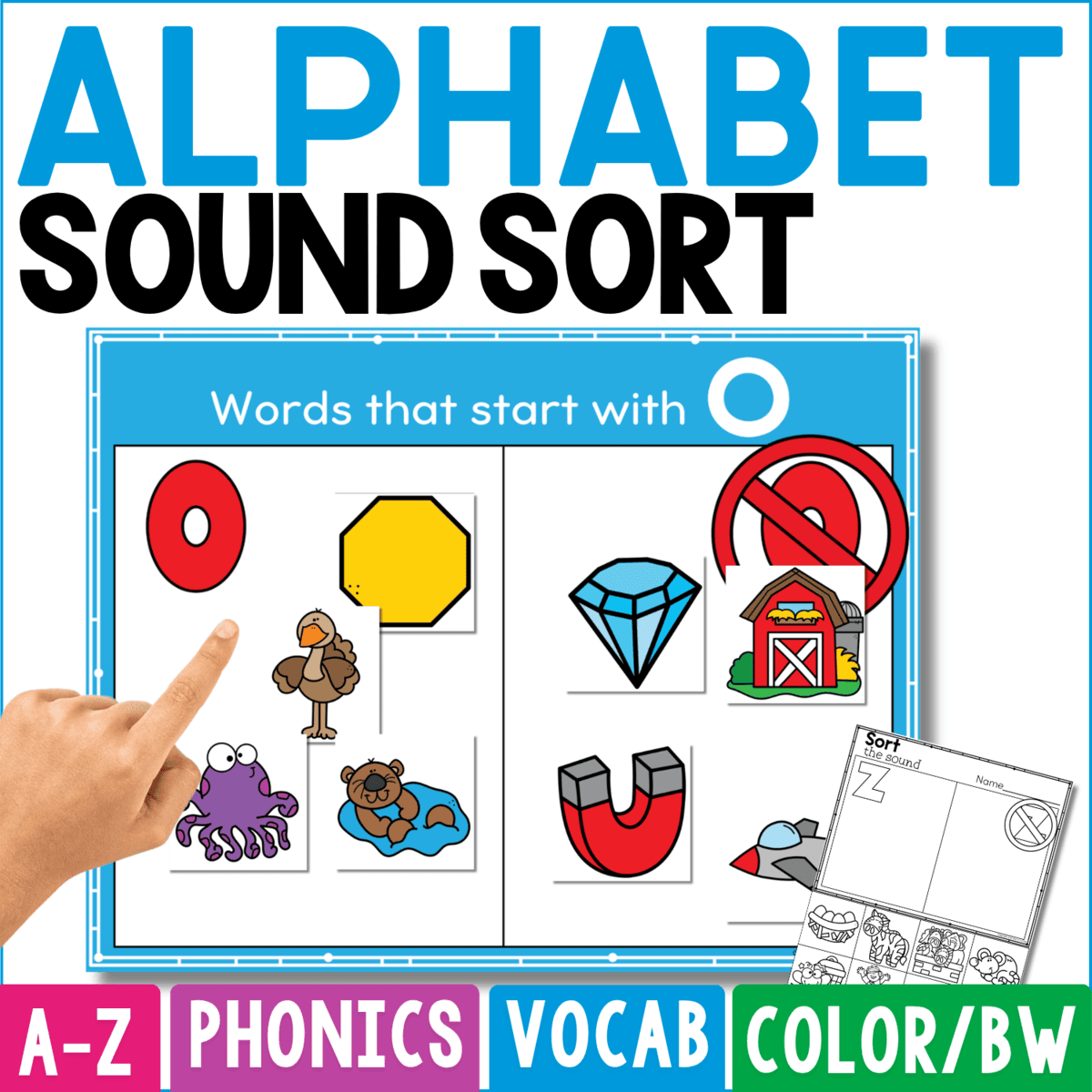 alphabet sound sort activity cover shows a colorful letter o sorting mat with picture cards for children to decide which words begin with the target sound. this a-z phonics and vocabulary activity builds beginning sound recognition, alphabet knowledge, picture naming, sorting, and early literacy skills in color or black and white.
