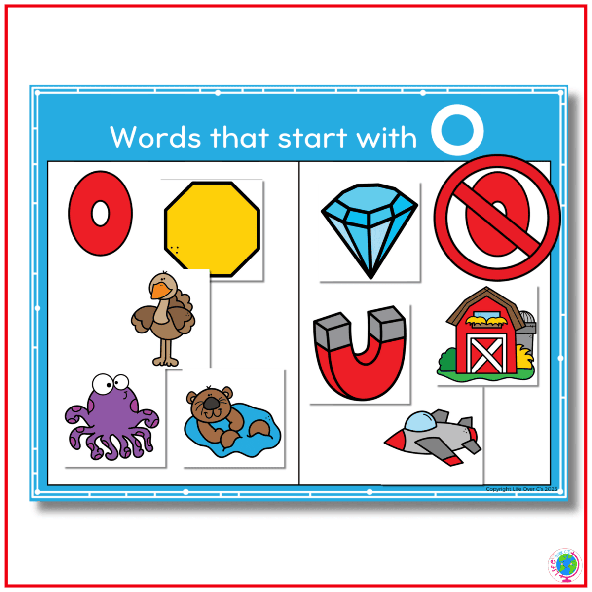 colorful beginning sounds sorting mat asks children to sort pictures according to whether the words start with the letter o. picture choices include an octagon, diamond, turkey, magnet, octopus, lion, and other objects, creating an interactive phonics activity for letter sounds, vocabulary, categorizing, and visual discrimination.