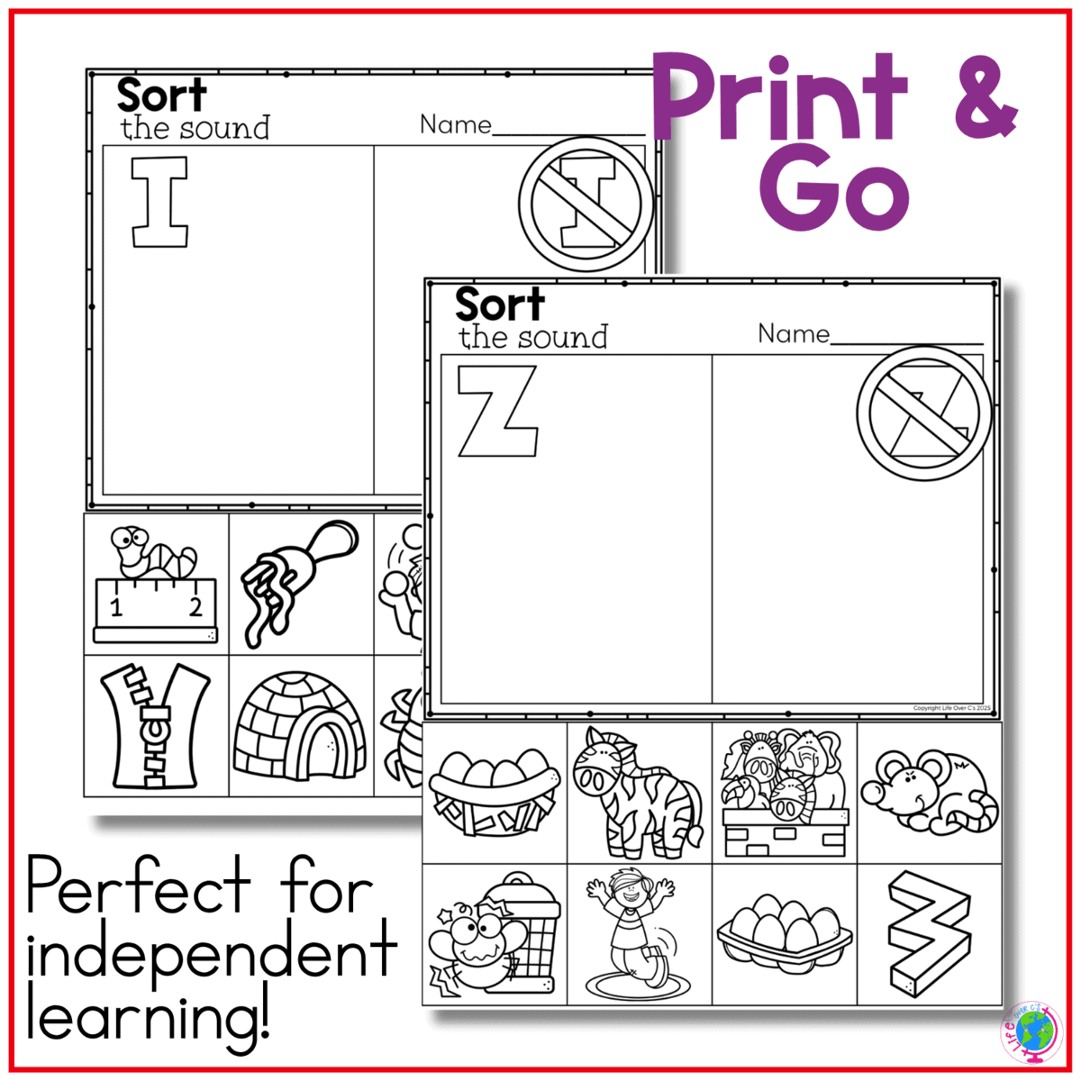 print-and-go black-and-white alphabet sound sort pages feature letters i and z with picture cards children can cut, identify, and sort by beginning sound. this independent phonics activity supports alphabet recognition, initial sound discrimination, vocabulary, cutting practice, and kindergarten literacy centers.