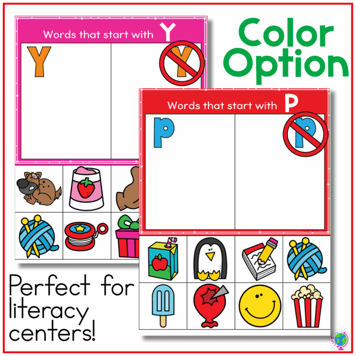 color beginning sound sorting activities feature y and p mats with picture tiles children place according to each word’s initial sound. this hands-on alphabet phonics activity is designed for literacy centers and builds beginning sound identification, vocabulary, letter recognition, sorting, and fine motor skills.